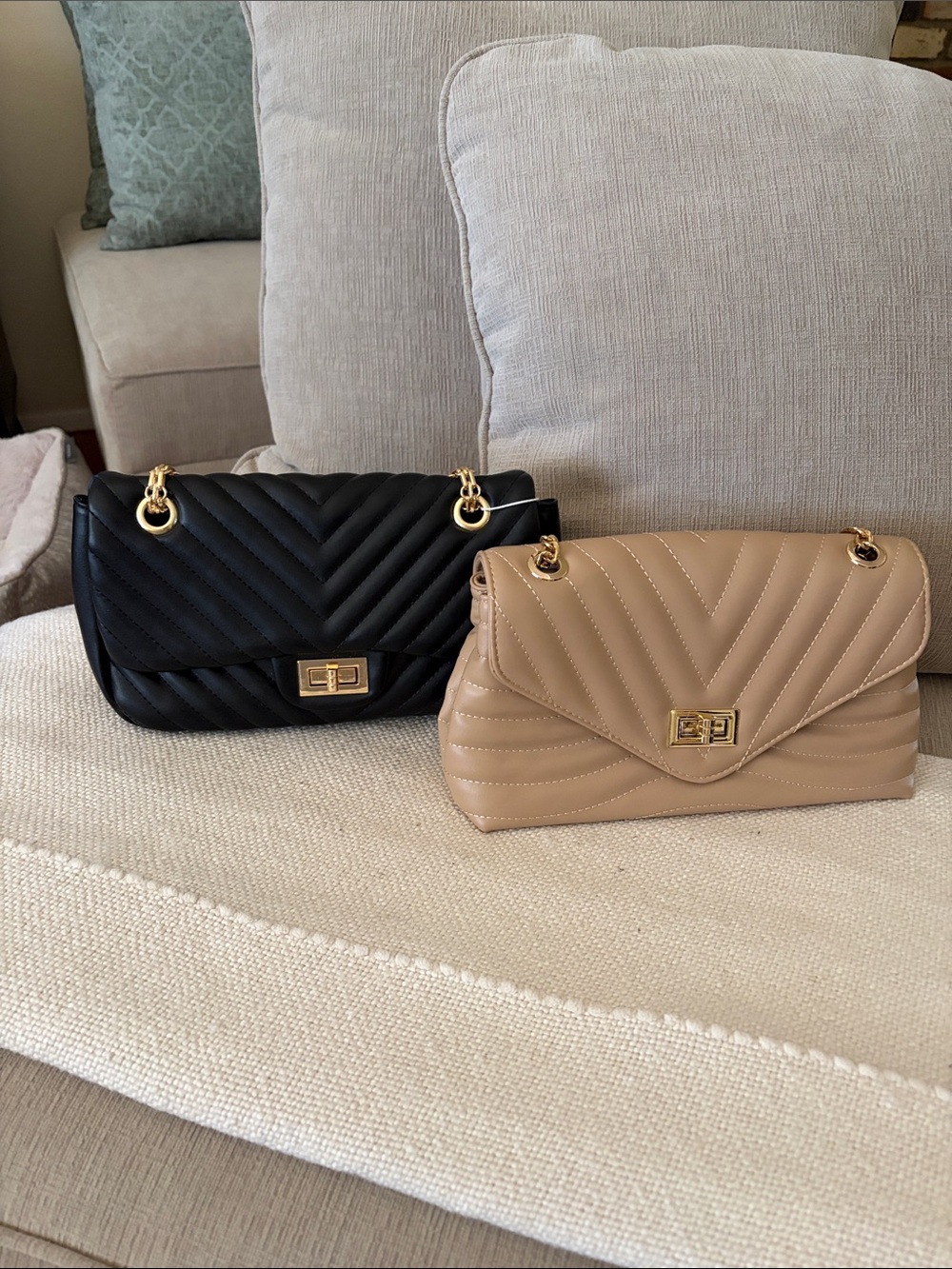 Quilted Chevron Chain Shoulder Bag - Black & Beige - set of two